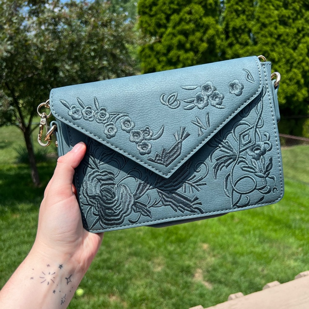 Turquoise Blue Embroidery Gold Crossbody Handbag Purse Charming Charlie